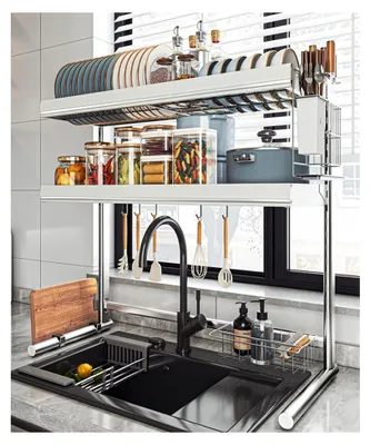 Produktbild von Abtropfgestell für Geschirr über der Spüle, verstellbares Küchenregal aus Edelstahl, multifunktionaler Theken-Organizer