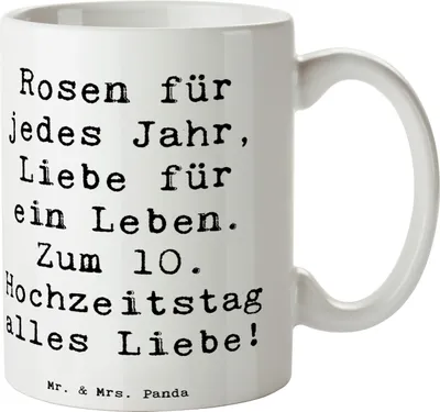 Produktbild von Mr. & Mrs. Panda Kaffeetasse Spruch 10. Hochzeitstag Rosenhochzeit - Weiß - Geschenk, Trinkbecher, feiern, Ehepaar, 10 Jahre Ehe, Geschenke, Becher, zehn, Heirat, Tasse
