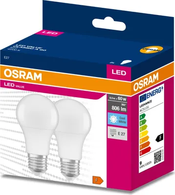 Zdjęcie produktu dla 2PAK Żarówka LED E27 A60 8,5W = 60W 806lm 4000K Neutralna 200° OSRAM VALUE