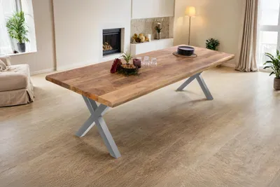 Produktbild von Esstisch Cali | 300 x 100 cm | Mangoholz | Farbe: Natur/rau | X-Gestell Metall Silber | Massivholz mit echter Baumkante | pflegeleichter Baumkantentisch/Esszimmertisch