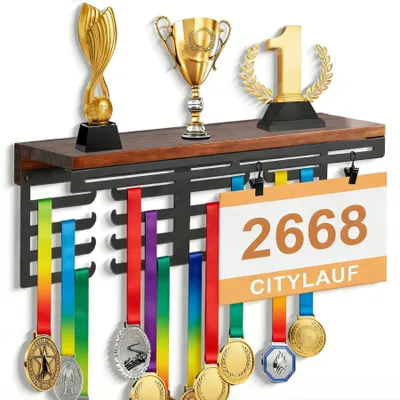 Produktbild von Medaillenhalter aus Holz für Medaillen, Pokale und Startnummern, für mehr als 60 Medaillen; Wandhalterung für Sportfans; Preisaufhänger