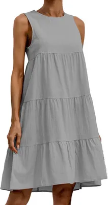 Produktbild von ASKSA Damen Kleider Round Neck Sommerkleid Dress Loose Sleeveless Patchwork Knielang Dresses, Grau, XL
