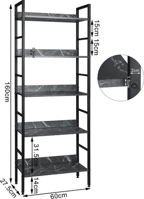 Obrázek produktu pro Knihovna Bolt Edge - industriální - černá/šedá - mramorový vzhled - 5 úrovní - 60×27,5×160cm