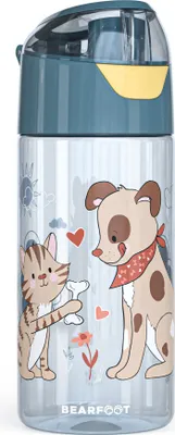 Produktbild von Trinkflasche Kinder 450ml, leichte Tritan Wasserflasche, BPA frei, auslaufsicher, Kohlensäure geeignet, spülmaschinenfest - Hund & Katze blau