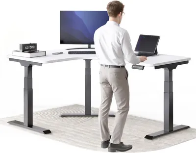 Produktbild von DESKSPACE CORNER Schreibtisch, Elektrisch höhenverstellbar, 160 x 130 x 70 cm, Weiße Tischplatte, Schwarzes Gestell