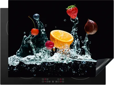 Produktbild von KitchenYeah© Herdabdeckplatte Wasser - Obst - Orange - Erdbeere - Kirsche - Schwarz , 71x52cm, Küche Deko, Glaskeramikkochfeld Herdabdeckung, Abdeckplatte fùr Kochfeld