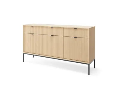 Obrázek produktu pro BETTSO Nova komoda, šířka 154 cm, příborník Vicenza, dub s rýhovanými čely, černé kovové nohy
