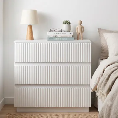 Image de Commode avec 3 Tiroirs - ALIGHTUP - Design cannelés, Rangement Meuble Chambre, Blanc, 60 x 33 x 56 cm