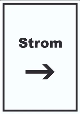 Produktbild von Strom Aufkleber mit Text und Richtungspfeil rechts Anschluss hochkant A9 (37x52mm)