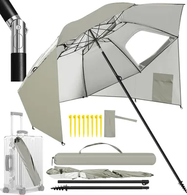 Produktbild von Faziango Strandschirm 210 cm Sonnenschirm mit UV Schutz 50+, neigbar mit Erdspieß und Tragetasche, wasserabweisender Gartenschirm für Strand, Garten & Balkon – Beige mit Spiral-Erdspieß
