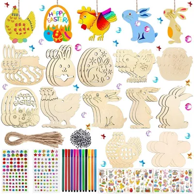 Image de Kit de loisirs créatifs pour Pâques, pour enfants, 324 pièces : pendentifs en bois à décorer, avec accessoires, couleur jaune