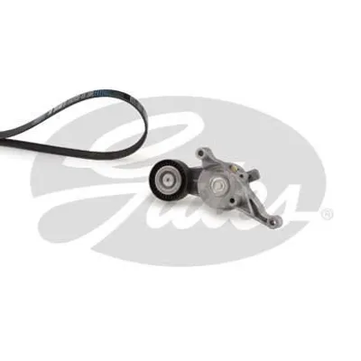 A black serpentine belt and a metal belt tensioner assembly are shown against a white background with a faint gray logo.