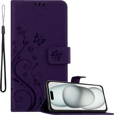 Obrázek produktu pro Cadorabo pouzdro pro Apple iPhone 15 in FLORAL DARK PURPLE ochranný kryt v květinovém designu s magnetickým zapínáním, funkcí stojánku a sloty na karty flipové pouzdro flower cover case pouzdro na mobilní telefon flipové pouzdro book case
