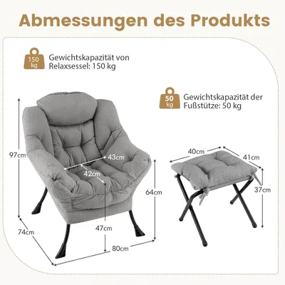Produktbild von Relaxstuhl - Loungestuhl - Fernsehsessel - Sessel mit Fußhocker und Seitentaschen