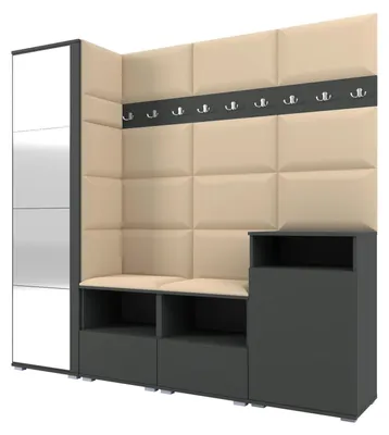 Produktbild von Garderobe NELA X 200 cm Modulare Flurmöbel Graphit mit Spiegel & Sitzpolster Beige 04 (Schrank + Sideboard)