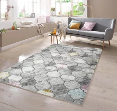 Produktbild von Designer Teppich Marokkanisches Muster in Grau Lila Senfgelb Größe - 120 x 170 cm