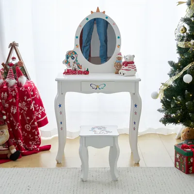Produktbild von FCH Kinderschminktisch Schminktisch Kinder mit Hocker und abnehmbarem Spiegel, Kosmetiktisch, Weiß