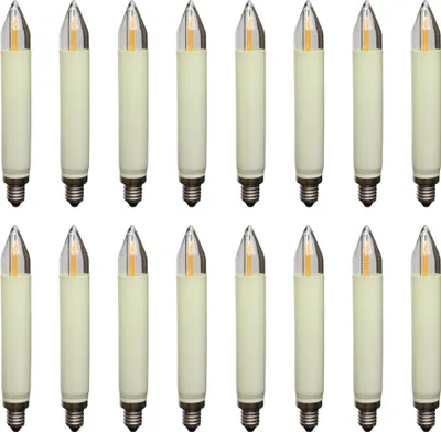 A grid of 16 LED filament shaft candles arranged in two rows of eight.