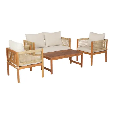 A four-piece outdoor furniture set including a loveseat, two armchairs, and a coffee table, arranged on a white background.