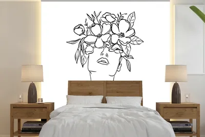 Produktbild von MuchoWow® Fototapete für Wohnzimmer oder Schlafzimmer Wandtapete Vinyl Motivtapete Abstrakte Strichzeichnung einer Frau mit Blumen auf ihrem Gesicht Quadrat - 300x300 cm - Wanddekoration