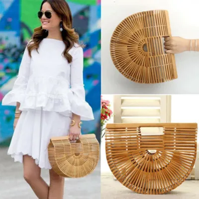Produktbild von 28 cm x7,5 cm Bambus Tasche Sommer Dame Tote Design Bambus Handtasche Stroh Reise