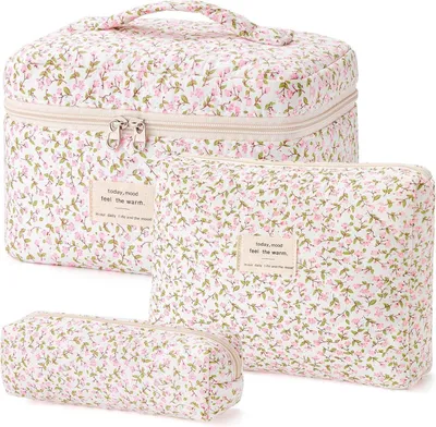 Produktbild von 3-teiliges Kosmetiktaschen-Set aus Baumwolle mit Blumenmuster
