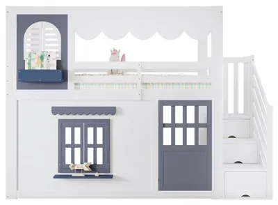 Productafbeelding van Kinderbed met speelhuisfunctie - 90 x 200 cm - Wit - Met trap met opbergruimte - Veiligheidshekjes - Deur en ramen