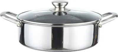 A stainless steel pot with a glass lid and two handles, shown from the front on a white background.