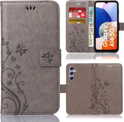 Collage of a phone case for Samsung Galaxy A14 5G, showing different views and features.