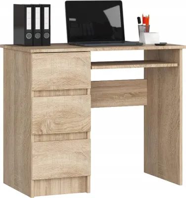 Image de BDW, Table d'ordinateur avec 3 tiroirs, clavier coulissant, 90x77x50 cm, Chêne Sonoma (gauche)