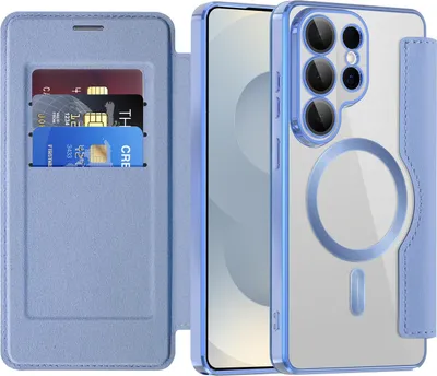 Obrázek produktu pro Pouzdro pro Samsung Galaxy S26 Ultra kompatibilní s MagSafe, průhledné pouzdro s držákem karet, kožené pouzdro s ochranou kamery Světle modrá