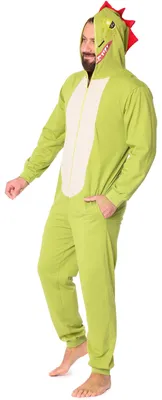 Produktbild von Ladeheid Herren Schlafoverall Tierkostüm aus Baumwolle Jumpsuit bunt Tiermotiv Verkleidung Schlafanzug Einteiler mit Kapuze LA40-235 (Grün Dino, XL)