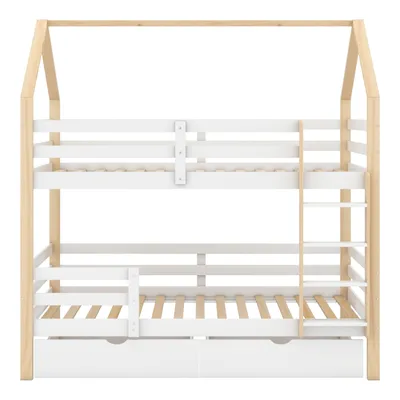 Produktbild von Flieks Etagenbett 90x200cm für 2 Kinder, Hochbett mit Rausfallschutz, Hausbett Stockbett Kinderbett mit Schubladen und Leiter