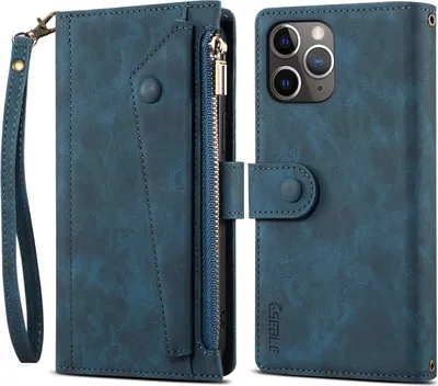 Produktbild von Schutzhülle für iPhone 11 Pro Max Reißverschluss Hülle, Leder Klapphülle Kartenfach Standfunktion Brieftasche mit Trageband Blau
