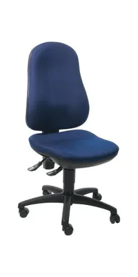 A blue office chair with a black base and wheels, isolated on a white background.