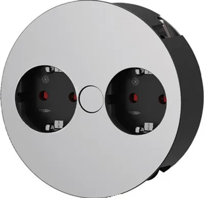 A circular power outlet with two sockets and a central button, mounted on a white background.
