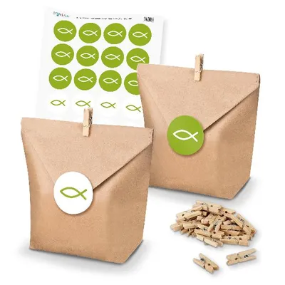 Produktbild von itenga SET Geschenktüten Fisch Grün (Motiv 90) 24 x Tüten+Klammern+Sticker