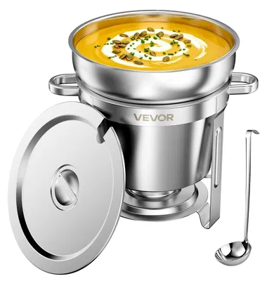 Immagine prodotto di VEVOR - Contenitore riscaldante da 10,4 litri in acciaio inossidabile, ideale per zuppe, confezione singola, perfetto per matrimoni, feste e buffet, per mantenere caldi o freddi gli alimenti. Include mestolo e contenitore per il combustibile
