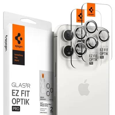 Immagine prodotto di Spigen Optik Pro EZ Fit, Apple, iPhone 15 Pro Max, trasparente, bianco, 2 pezzi