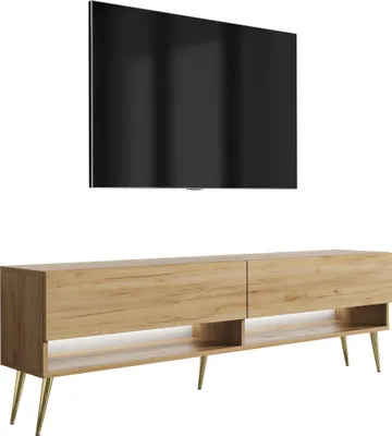 Produktbild von TV-Lowboard 170 cm Eiche Craft, goldene schräge Beine, weiße LED, 170 × 32 × 52 cm