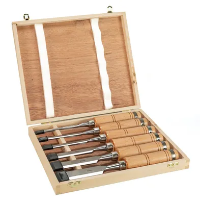 Image de 6 x ciseaux à bois dans une caisse en bois Ciseau à bois professionnel Ciseau à bois Set de ciseaux à bois