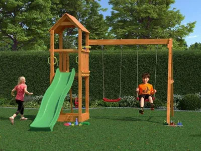 Produktbild von Belladoor Teakfarben 240x170x210 cm Spielturm, Doppelschaukel Kletterwand Sandkasten, Lenkrad Teleskop Haltegriffe, Pfostenanker Fichtenholz Garten