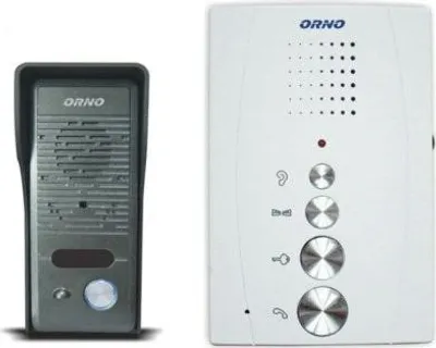 A video intercom system with two units, one black and one white, displayed side-by-side on a white background.