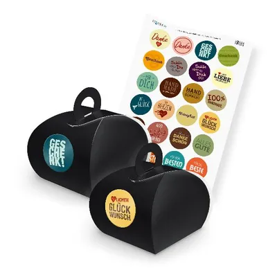 Produktbild von itenga SET MIX (Motiv 21) 24x Geschenkschachtel mit Griff schwarz + Stickerbogen