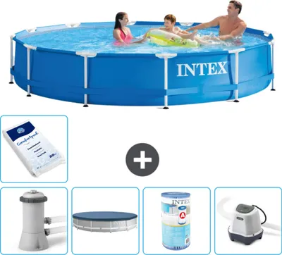 Produktbild von Intex Rundrahmen-Schwimmbecken – 366 x 76 cm – Blau – inklusive Pumpe Abdeckung - Filter - Salzwassersystem - Poolsalz