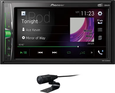A Pioneer car stereo with a touchscreen display showing music playback information, and a separate microphone accessory.