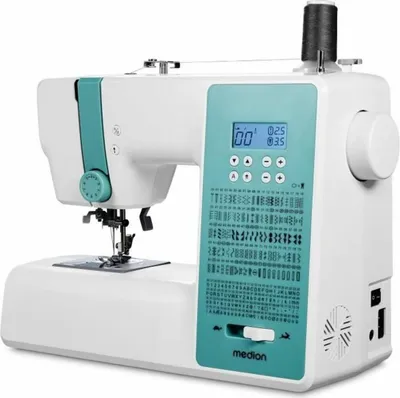 Immagine prodotto di Macchina per cucire digitale MEDION SD36 (36 watt, lunghezza e larghezza del punto regolabili, 270 modelli di punti, luce di cucitura a LED, infilatore automatico, pedale, pulsante di inversione, tagliafilo, MD11881) turchese