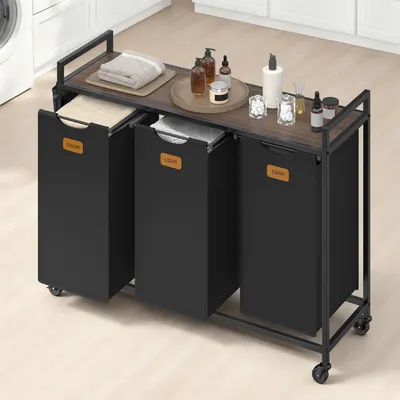 Produktbild von VASAGLE Wäschekorb, Wäschesammler, Wäschesortierer, Rollen, Wäschewagen mit Ablage, kleine seitliche Taschen, 6 Etiketten, 3 Fächer, 150 L