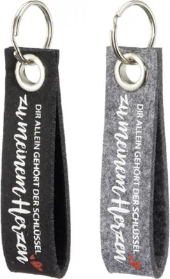 Produktbild von GKA Schlüsselanhänger Filz anthrazit bedruckt "Dir allein gehört der Schlüssel zu meinem Herzen" Schlüsselband 10 cm Anhänger Schlüssel