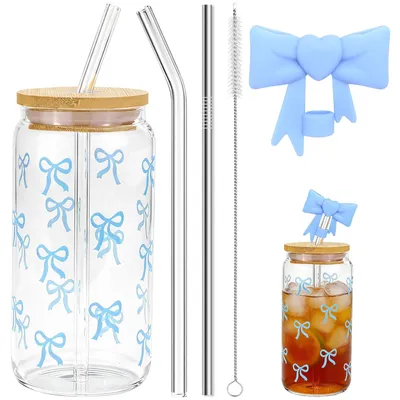 Bogenglas-Set mit Deckel & Strohhalm, 40 ml, Blau